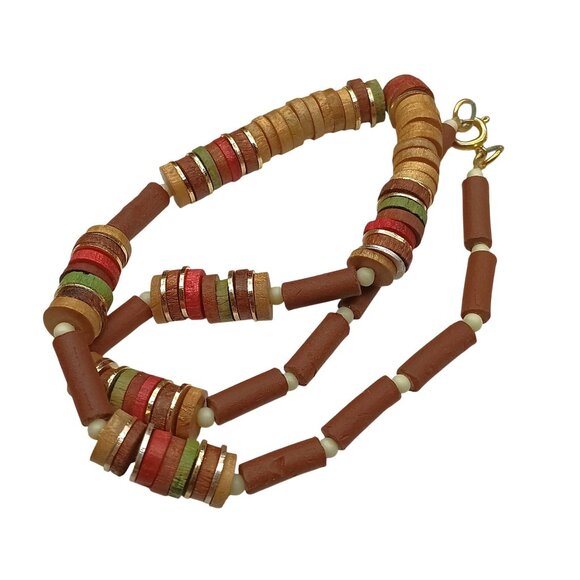 Vintage Wooden Beaded Choker Necklace with Cylindrical & Disc-Shaped Beads - Picture 2 of 3